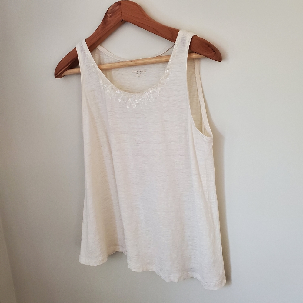 Eileen Fisher Ivory Linen Jersey Scoop Neck Sequin Top Petite Large